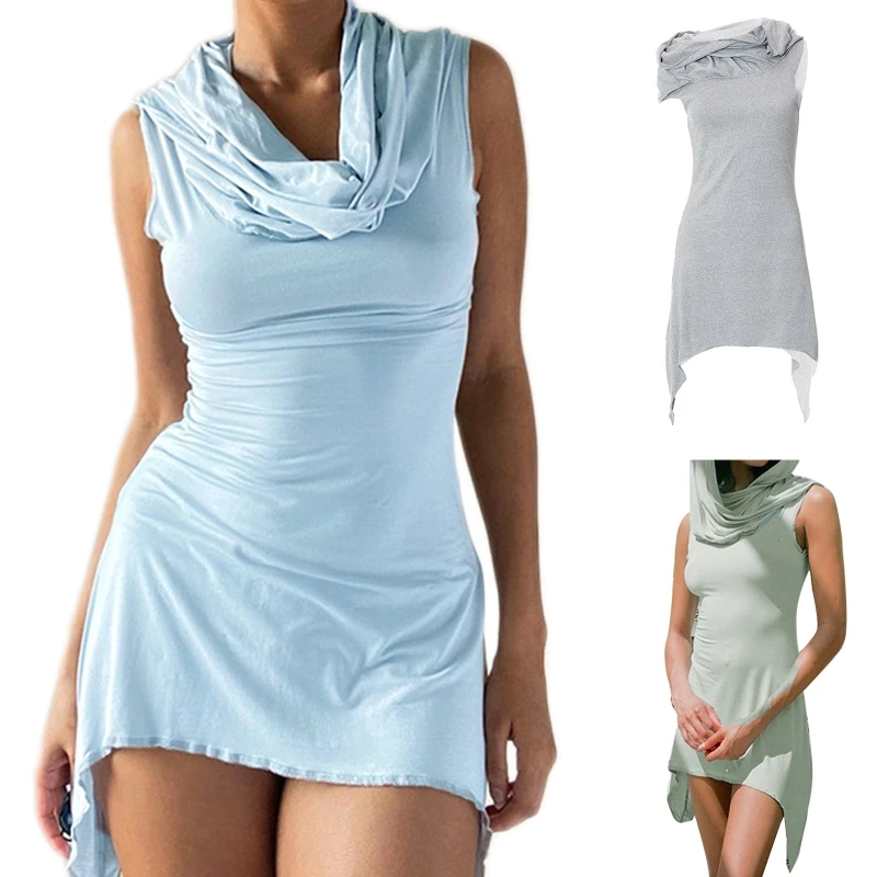 

Платье-мини женское летнее асимметричное с капюшоном и цветочным подолом