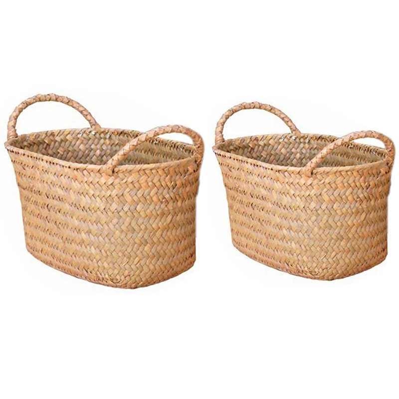 

2 Pcs Wicker Weaving Storage Basket For Kitchen Handmade Fruit Dish Rattan Picnic Food Bread Loaf Sundries Neatening Container C