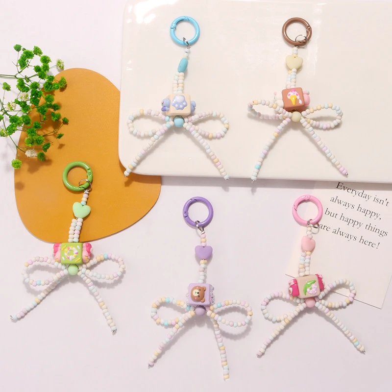 

Cute Cartoon Square Bowknot Pendant Keychain Beaded Lanyard Keyring For Woman Girl Bag Decoration Earphone Case Accessories