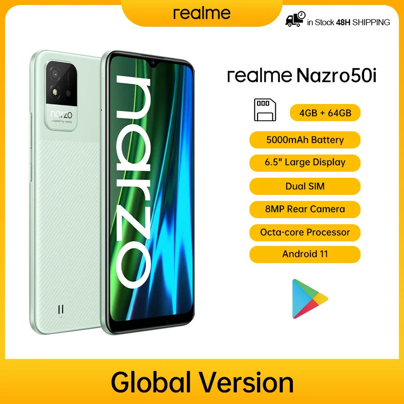 Realme Narzo 50i Глобальная версия смартфона с 6,5-дюймовым большим дисплеем, 4G/64GB, аккумулятором ёмкостью 5000 мАч и камерой 8 МП, мобильный телефон.