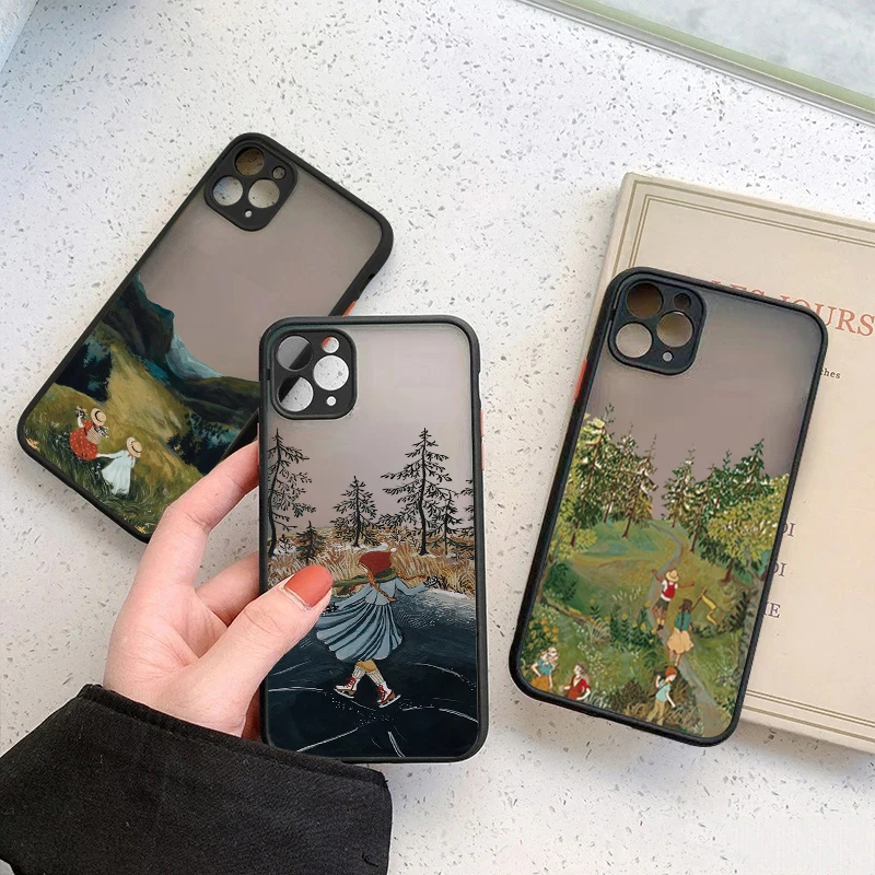 

Cartoon Scenery Girl Hard Matte Case For iPhone 11 12 13 14 Pro Max XS X XR 7 8 Plus SE 2020 Clear Shockproof Soft Bumper Cover