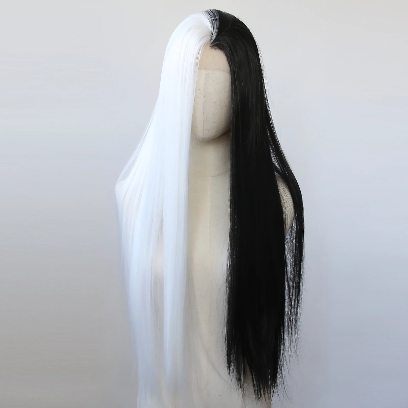Белый с половиной черного синтетического кружева передний парик длинный прямой