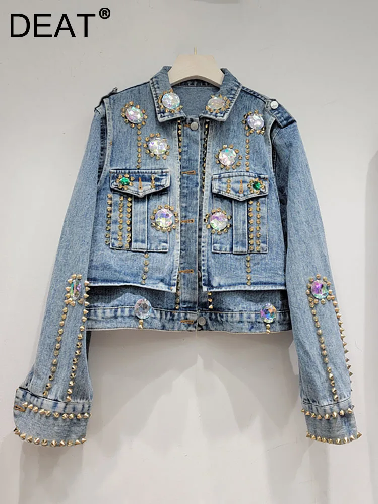 

Женское джинсовое пальто с заклепками DEAT, синяя куртка с большим цветным узором и вышивкой кристаллами, осень 2023