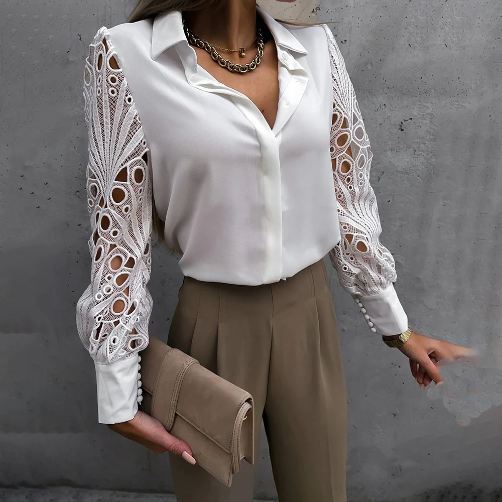 

Женская кружевная офисная блузка, элегантная ажурная рубашка с длинным рукавом, новая модная Повседневная Блузка на пуговицах, Дамская сорочка, весна 2023