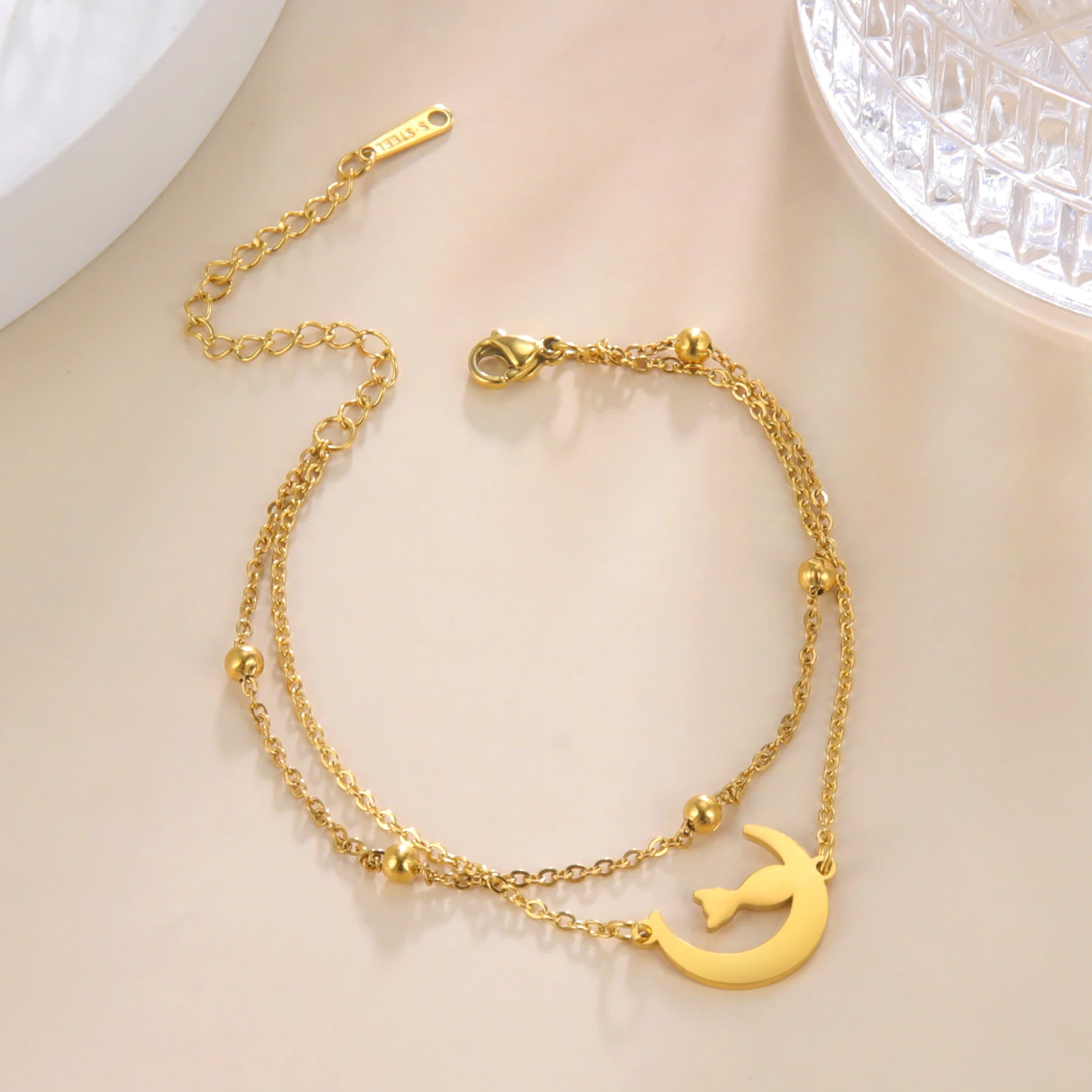 

Moon and Cat Pendant Bracelets Simple Women's Jewelry Stainless Steel Double Layer Chain Bracelets for Lover Wedding Party Gift