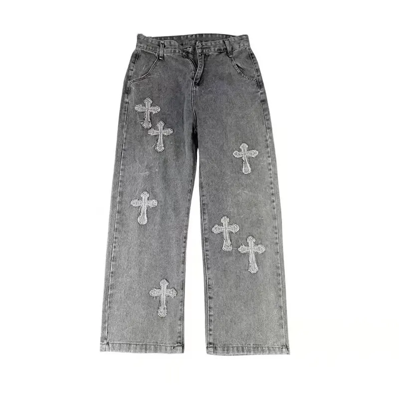 Cross Stickers Personality Jeans Men and Women Ins Tide High Street Drape Loose Straight Wide Leg Daddy Pants