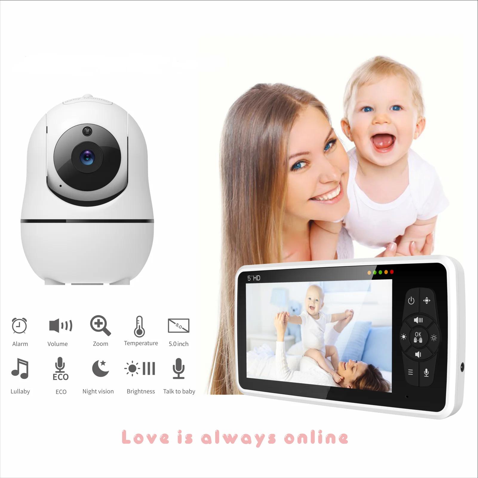 

New 5 inch Video Baby Monitor with Camera and Audio, 4X Zoom, 22Hrs Battery, 1000ft Range 2-Way Audio Temperature Sensor Lullaby