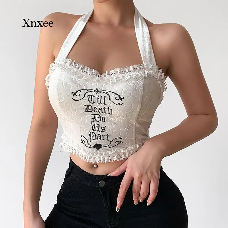 

Майка кружевная на бретельках с вышивкой, пикантный топ-труба для E-Girl, однотонный Desire, модная жилетка Y2K, укороченная майка, одежда, футболки