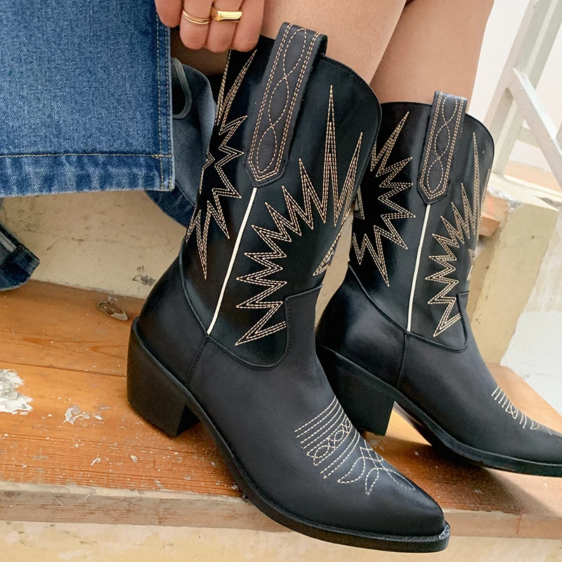 

Leather Embroider Women Western Boots Mid-calf Boots Retro Female Chunky Heels Slip-on Cowboy Cowgirl Botas Mujer Sale Boots Hot