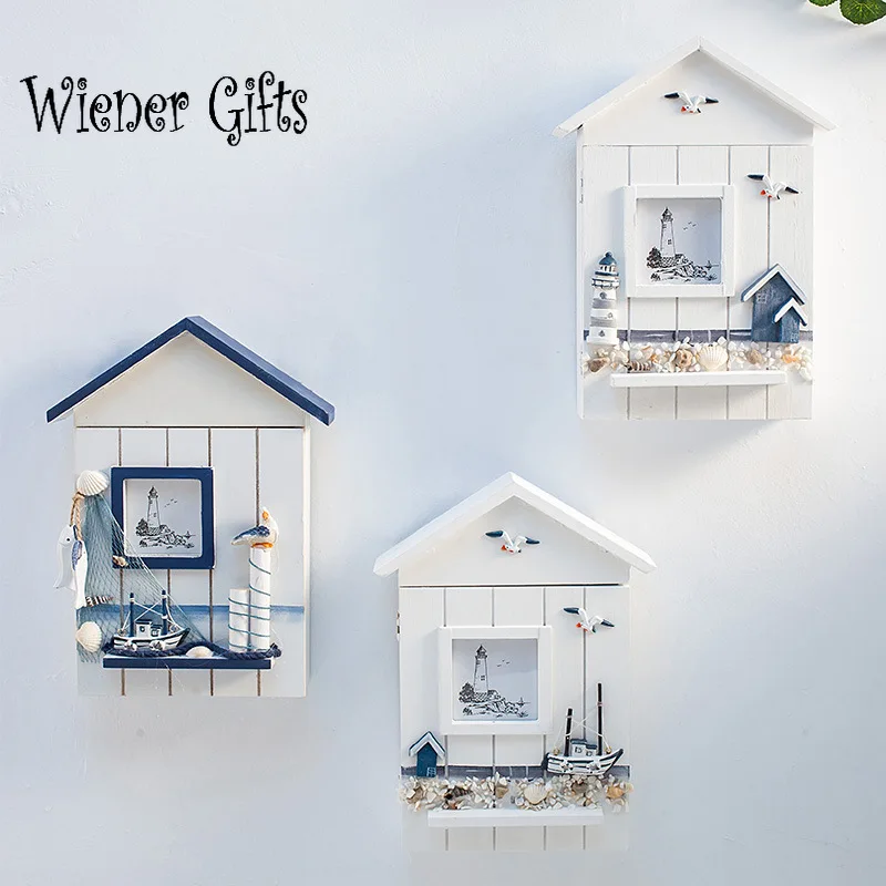 

Wall Hanging Creative Wood House Marine Theme Key Collection Box For Home Decoration 6 Hooks Shelf Holder Small Tool Rack
