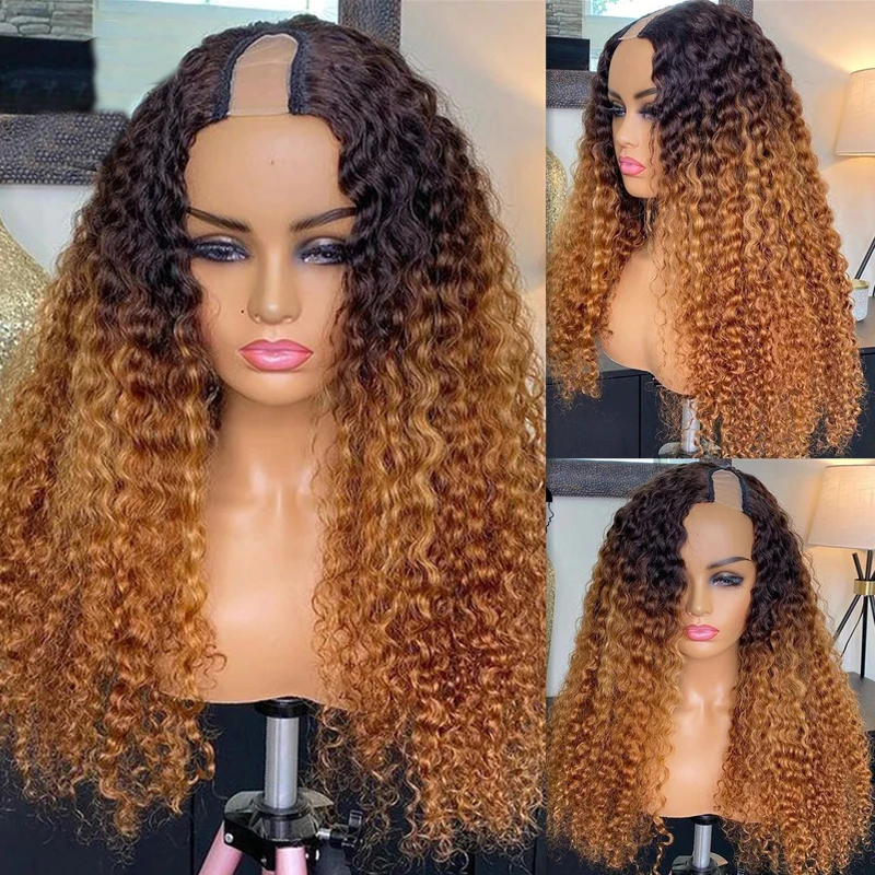 

24 inch Long Ombre Blonde U Part Wig European Remy Human Hair Kinky Curly Wig Glueless Jewish Natural Soft Wig For Black Women