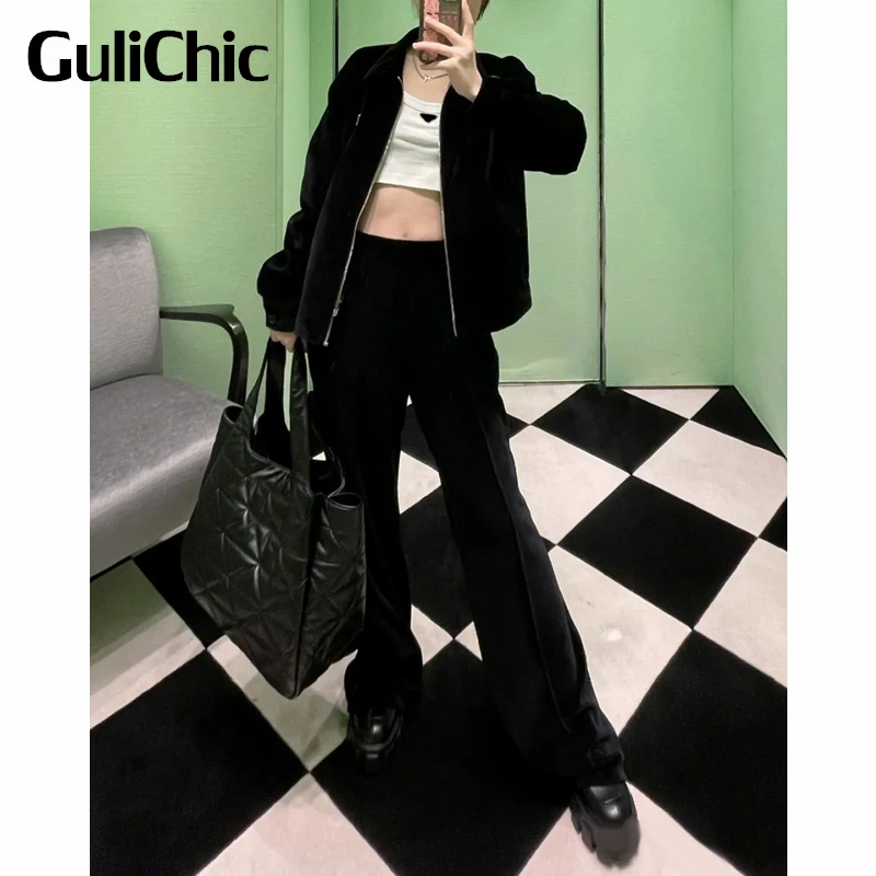 

12.28 GuliChic Women Casual Sporty Turn Down Collar Triangle Zipper Jacket + Flared Pants Black 2 Piece Set