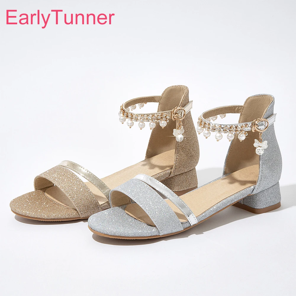 

Женские повседневные босоножки на низком каблуке, золотистые/Серебристые школьные сандалии с круглым носком, большие размеры 10, 28, 30, 43, 2022