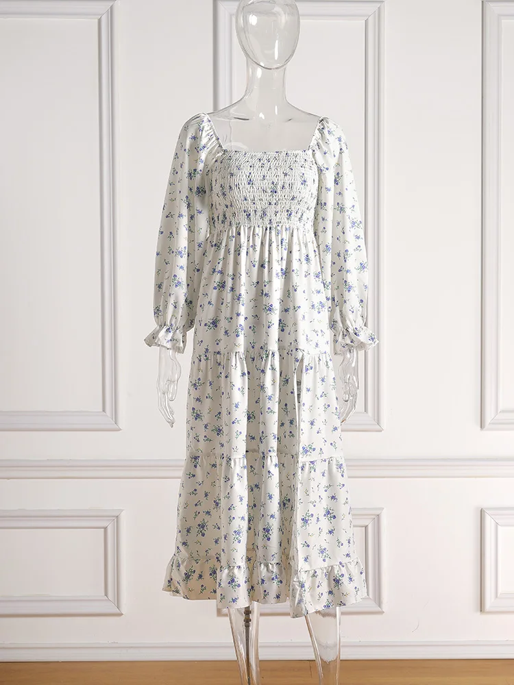 

Jastie Spring Boho Floral Print Women Midi Dress Square Collar Lantern Full Sleeve Folds Hem Vestido Elegant Party Tunic Dresses