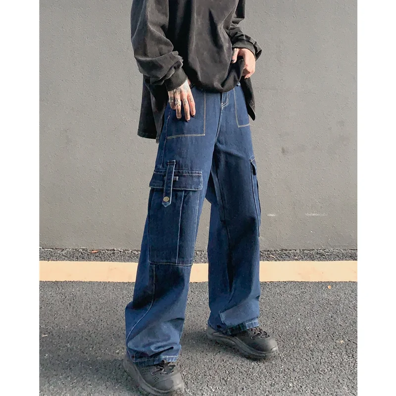 Streetwear Men Vintage Loose Blue Jeans 2022 Autumn New Pattern Fashion Multiple Pockets Straight Cylinder Cargo Pants Female