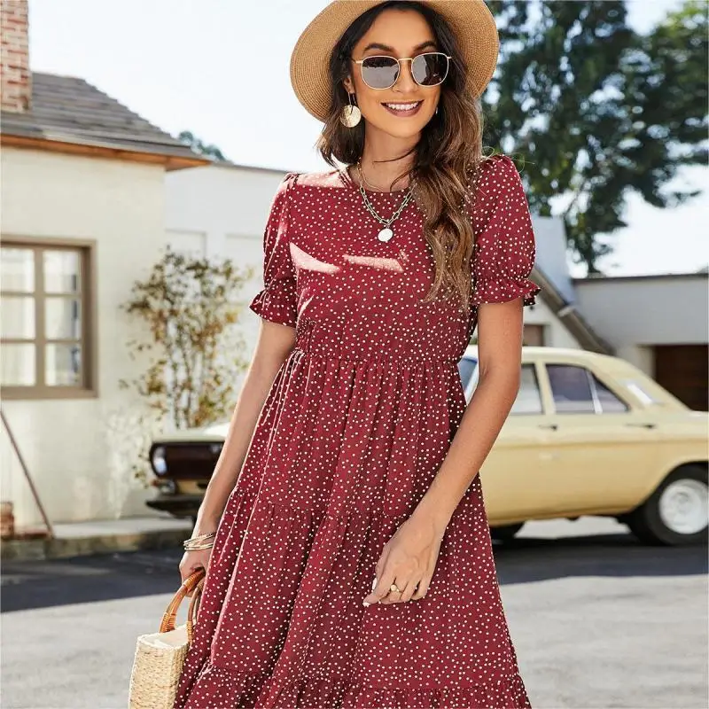 

2022 Spring Summer Women Dress Dot Print Midi Elegant Retro O Neck Short Sleeve Females Dress Casual Boho Soft Ladies Clothes