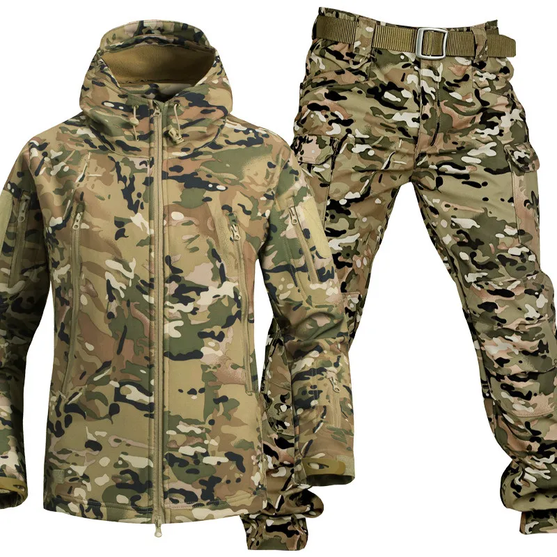 

Мужские флисовые комплекты в стиле милитари на осень и зиму, водонепроницаемые комплекты из 2 предметов в виде мягкой кожи акулы, ветрозащитная теплая куртка-карго + армейские брюки