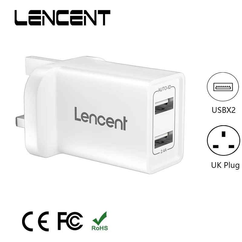 

LENCENT 1 PCS USB Wall Charger with 2 USB Ports 5V/2.4A UK Mains Power Adapter Plug with Smart IC Technology for iPhone iPad