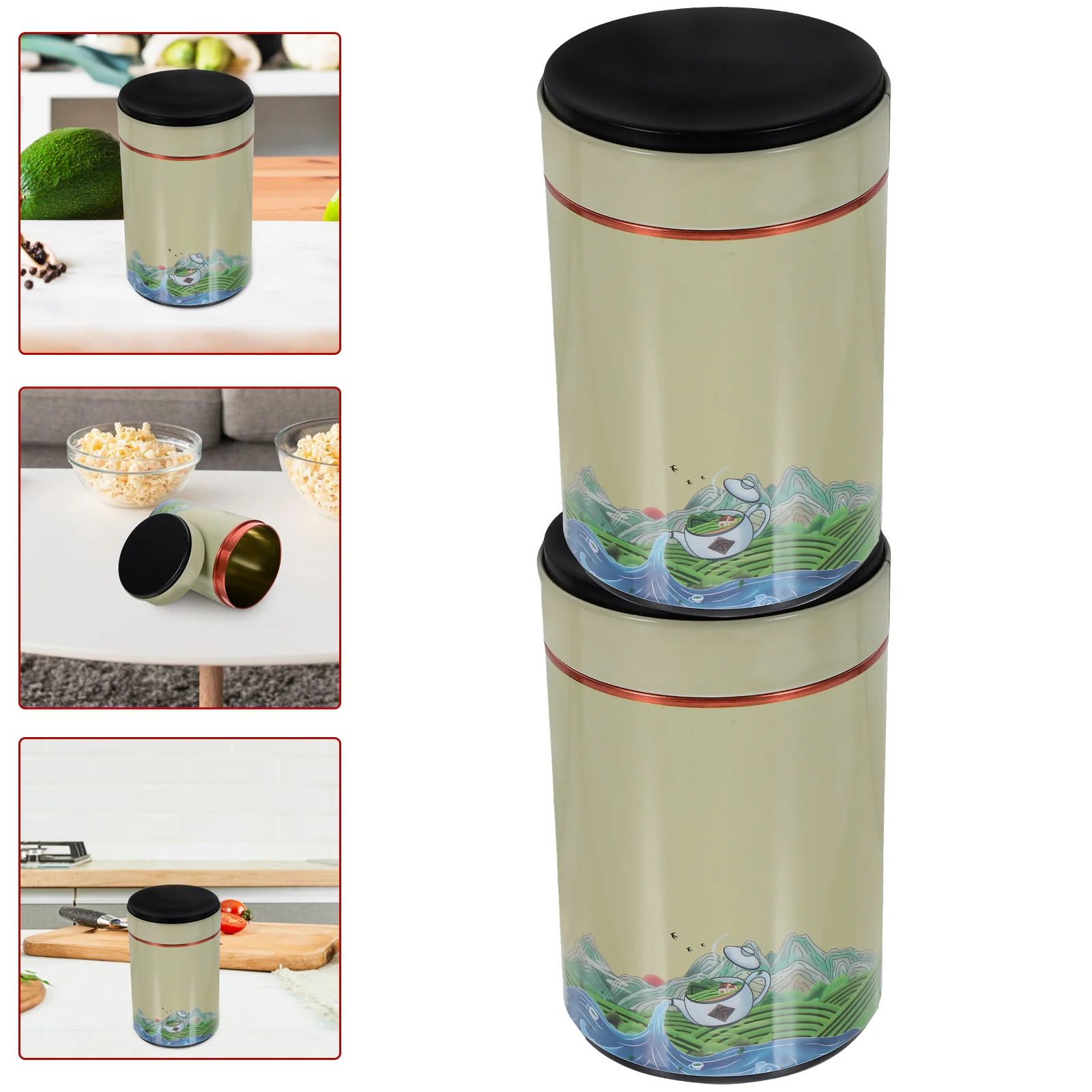 

2 Pcs Vintage Tea Pots Coffee Container Tinplate Chinese Style Storage Canister