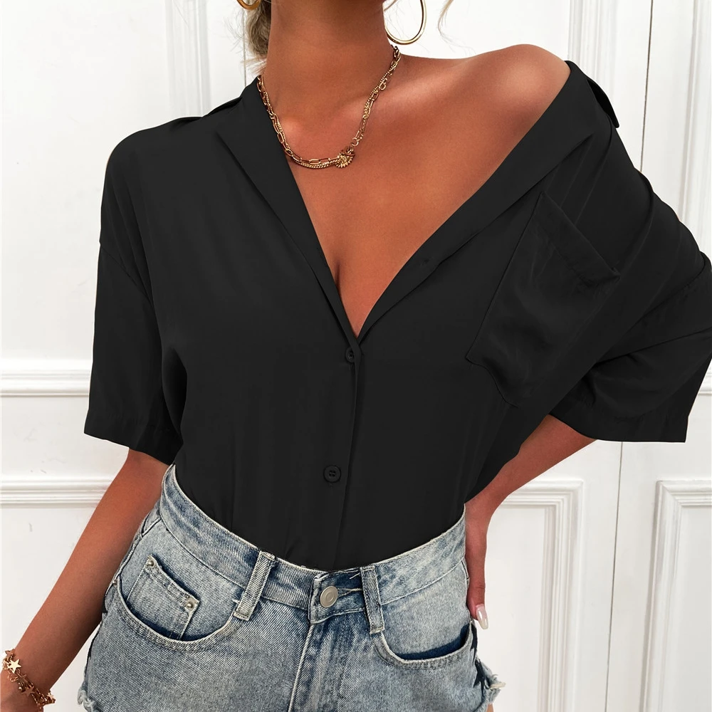 

Women's Blouse Solid Color Pocket Short Sleeve Casual Daily Shirt Fashion Elegant 2022 Summer New Ladies Tops Western Style