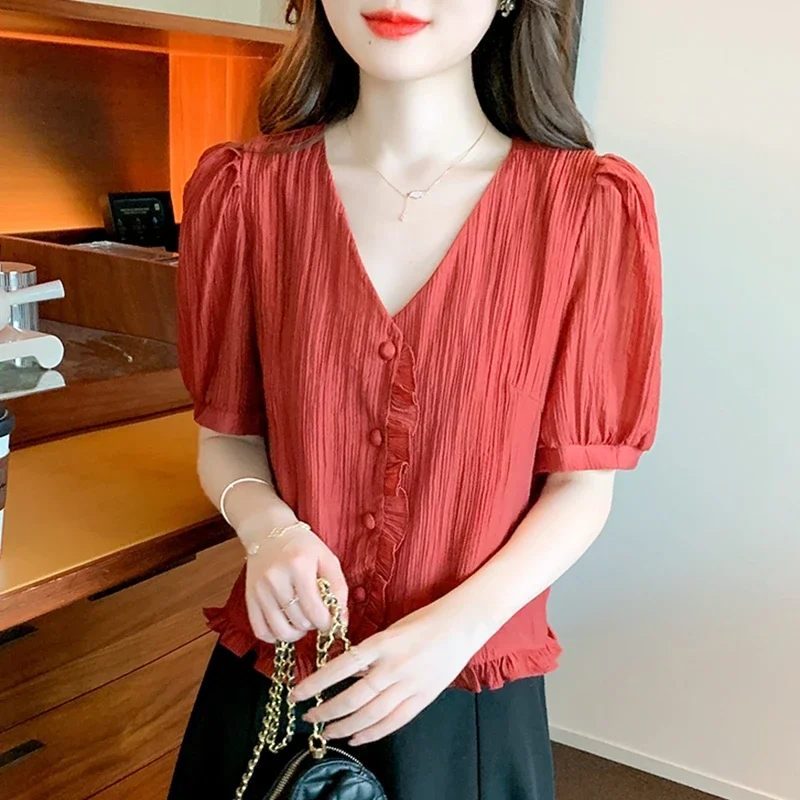Модные шифоновые рубашки лето 2024 женские корейские топы с v-образным вырезом