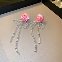 handmade fabric flower rose earrings tassel long style super fairy design beads bow earrings earrings for women