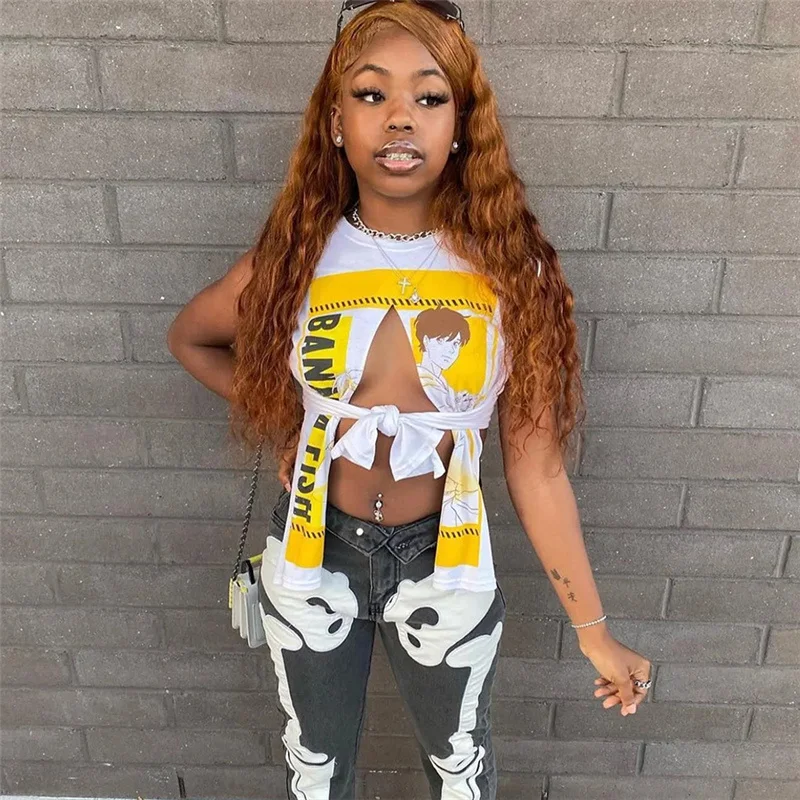 

Zabrina Sleeveless Cut Out Crop Top Classic Letter Print O-Neck Sexy Casual T Shirts For Women Female Clothing Hot Streetwear
