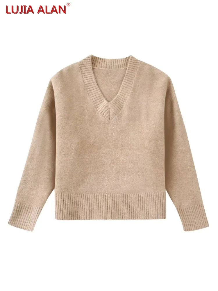 

Women Solid Knitted Loose Sweater Hot Sale Female V-Neck Long Sleeve Pullover Casual Tops LUJIA ALAN SW1751