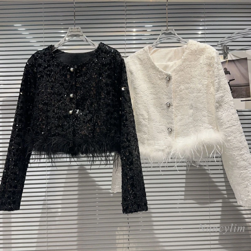 

2023 Autumn New Chic Coats Womens Classic Style Ostrich Frayed Sequined Elegant Lady Round Neck Short Coat Top