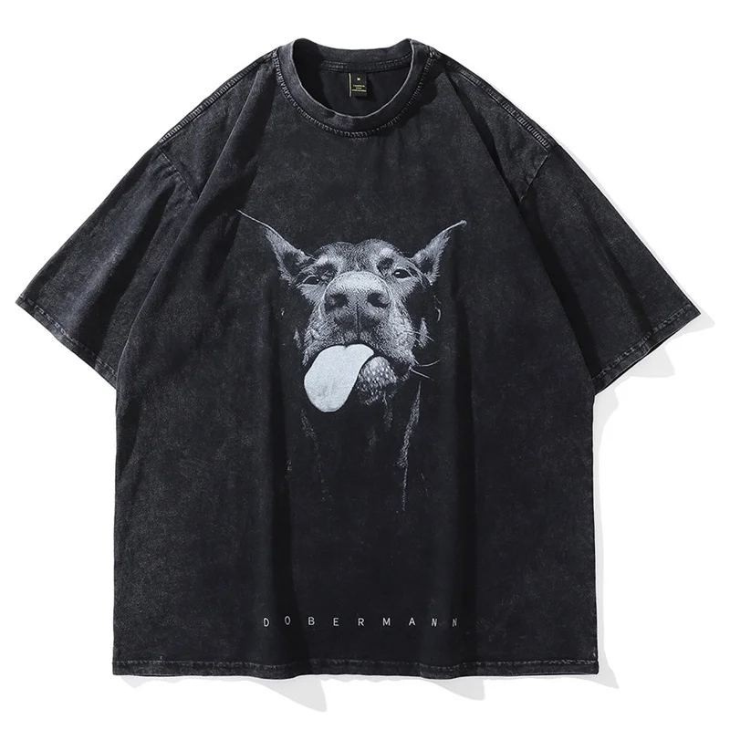 

2022 Men Gothic T-shirts Hip Hop Streetwear Letter Dog Printed Punk Tops Summer Vintage Washed Oversized Short Sleeve T Shirts