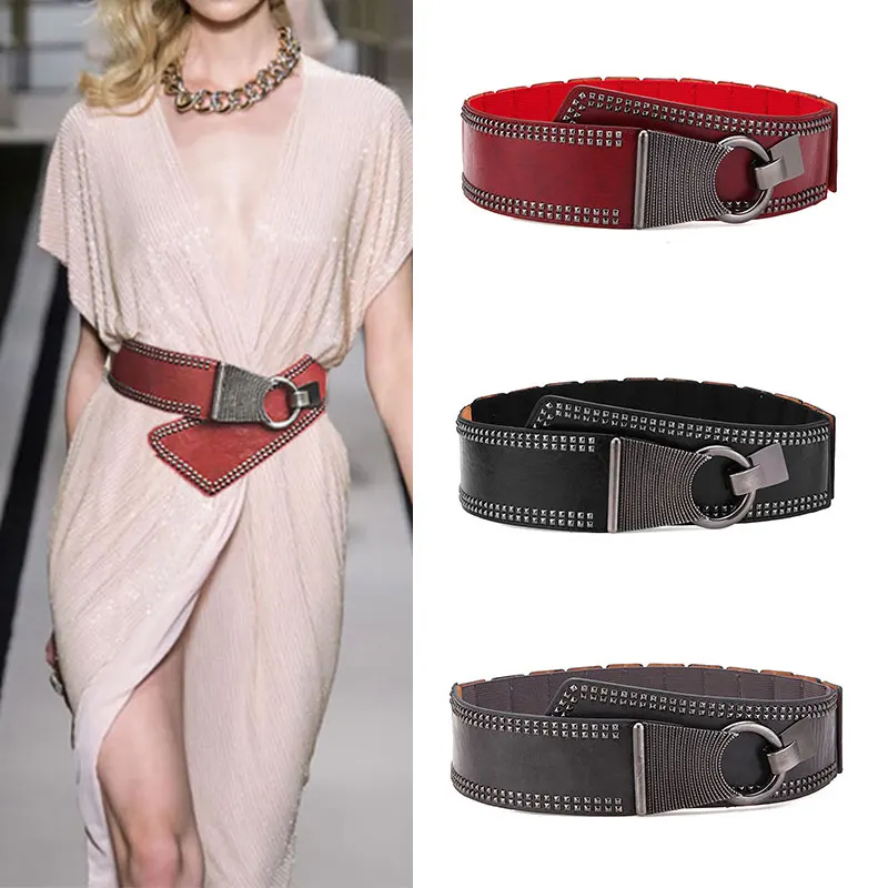 

Christmas Fashion Punk Rocker Rivets Belts Metal Round Buckle Wide Belts PU Leather Cummerbunds Decorative Dress Waistband
