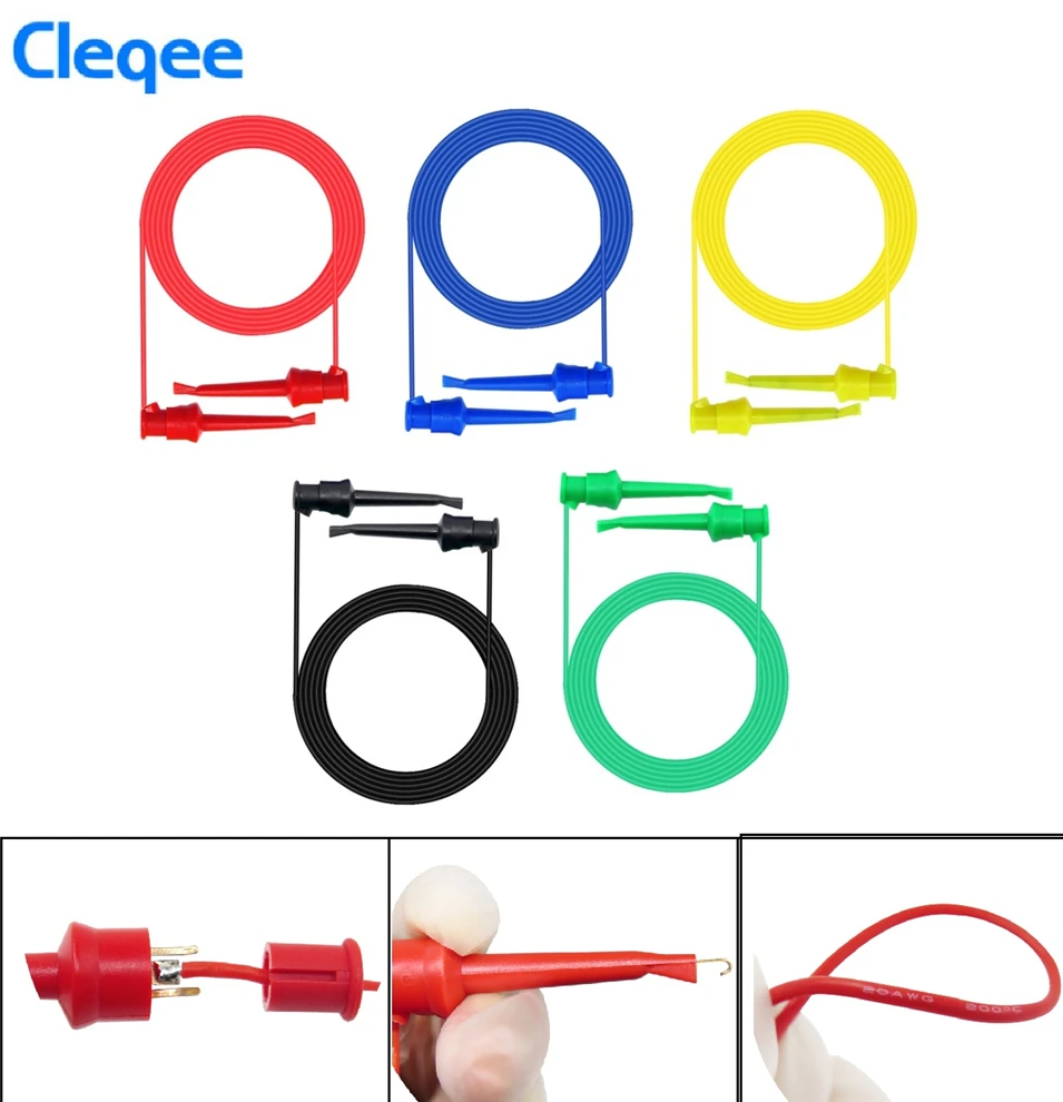 

New Cleqee P1520 5pcs Multimeter Electrical Testing Dual SMD IC Test Hook Lead Silicone Cable 50cm 5colors