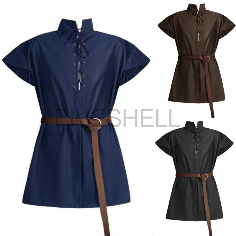 

Adult Men Medieval Punk Cosplay Shirt Vintage Renaissance Pirate Viking Knight Costume Nordic Tunic Bandage T-shirt Without Belt