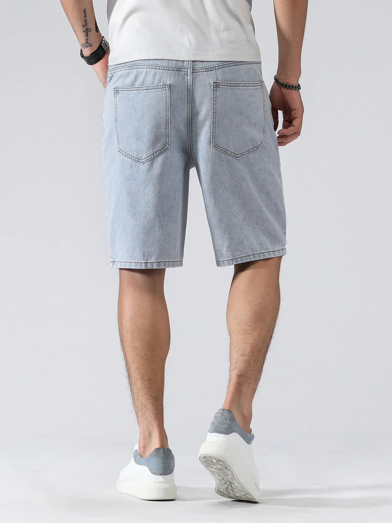 Hole Ripped Slim Men Shorts Casual Jeans Retro Blue Washed Street Knee-length Male Denim Pants