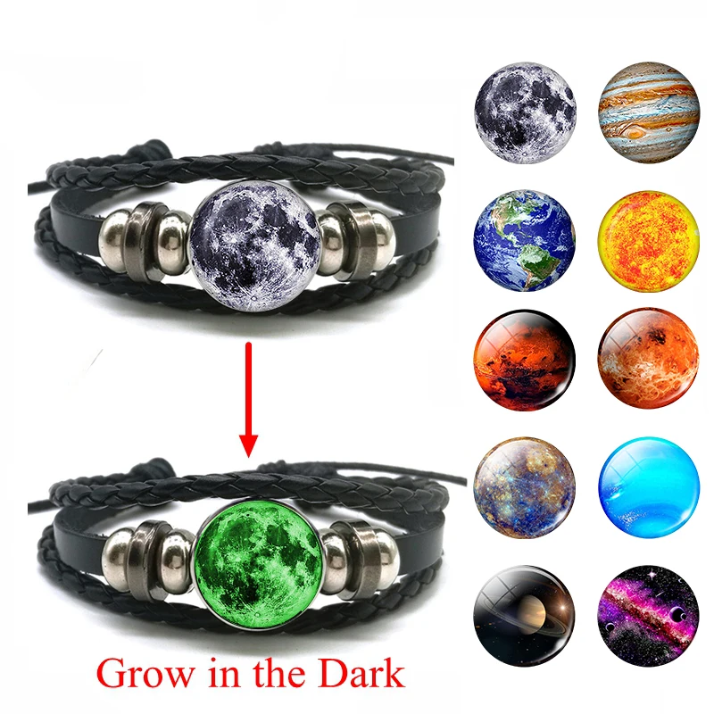 Glow In The Dark Solar System Bracelet Moon Earth Space Planet Leather Bracelet Charm Women Men Fashion Luminous Bracelets