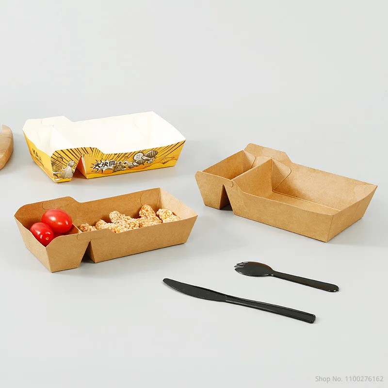 

50pcs Disposable Kraft Paper Food Serving Tray Two Grids Snack French Fries Chicken Salad Carton Take Out Containers For Party