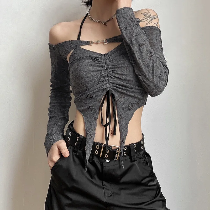 

Women T-shirts 2 Piece Set Y2k Vintage Mall Gothic Drawstring Retro Fairy Grunge Camisole Long Sleeve Buckle Crop Tops