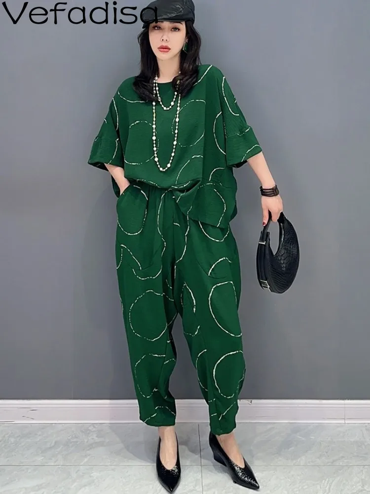 

Vefadisa 2023 Spring Summer New Bat Sleeve Top Casual Harun Pants 2PK Women Wear Black And Green Trendy Girl Matching Suit ZY591