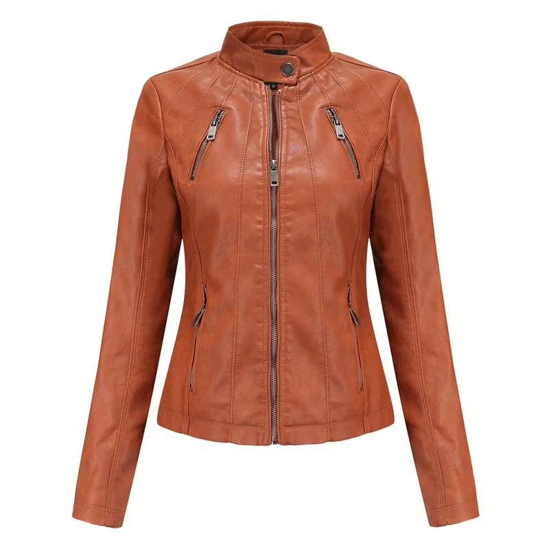 Motor Biker Tops Jackets Women's Winter Coats 2022 New Female Clothing Autumn Solid Color Zipper With Pocket Fashion PU Leather enlarge