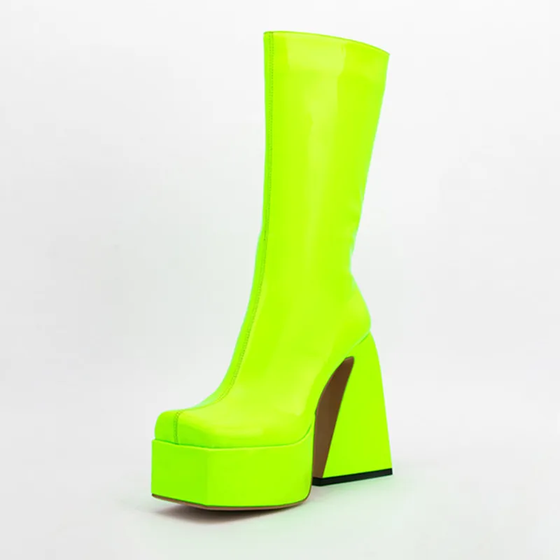 

New Style Women's Motorcycle Boots Thick Bottom Solid Color High Heel Shoes Ladies Square Toe Plush In Winter Mid Calf Boots