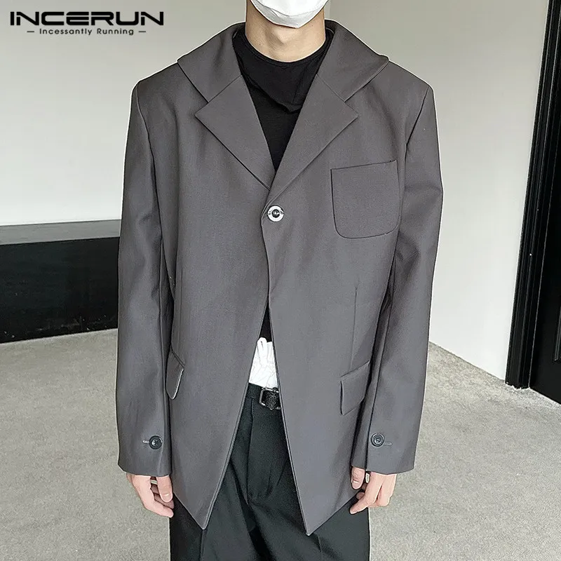 

Мужской однотонный блейзер с отложным воротником и длинным рукавом, уличная одежда, повседневные Костюмы на одной пуговице, мужские корейские осенние модные тонкие пальто, модель 2023 года