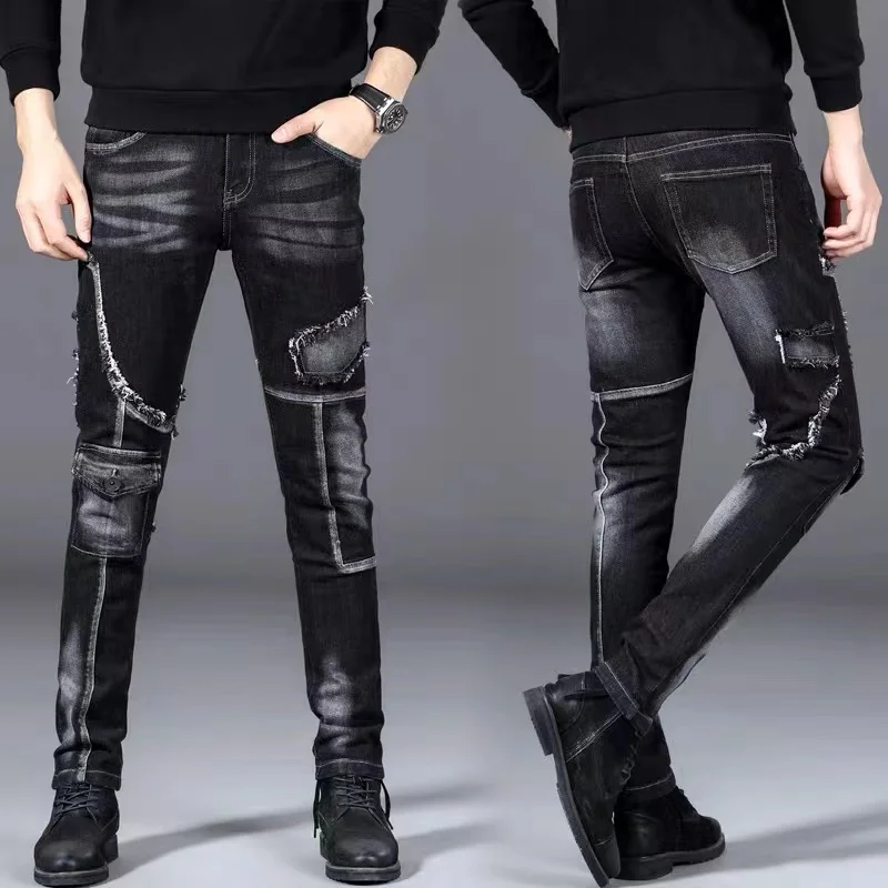 New Men's Jeans Street Wear Jeans Pants Trend Straight Pants Men Casual Plain Color Bicycle Simple Design Bicycle Slim Jeans Men