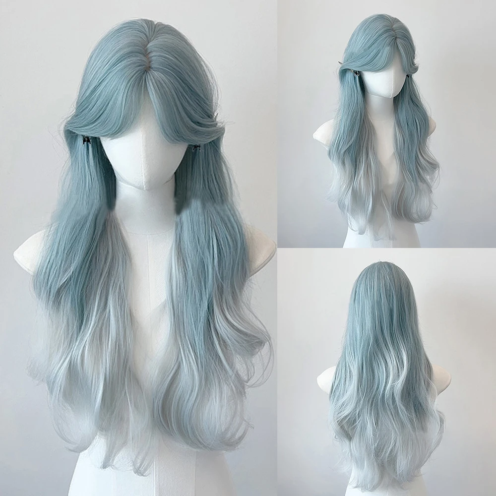 Синий Ombre Серый Синтетический Волнистый Парик с Челкой Пушистый Женский Лолита