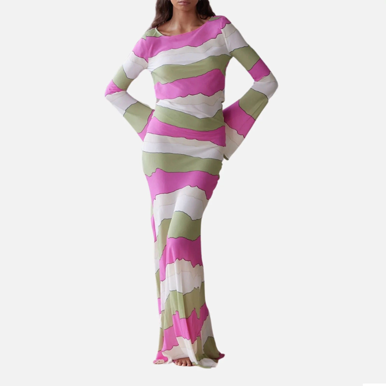 Женское платье с длинным рукавом и круглым вырезом в полоску