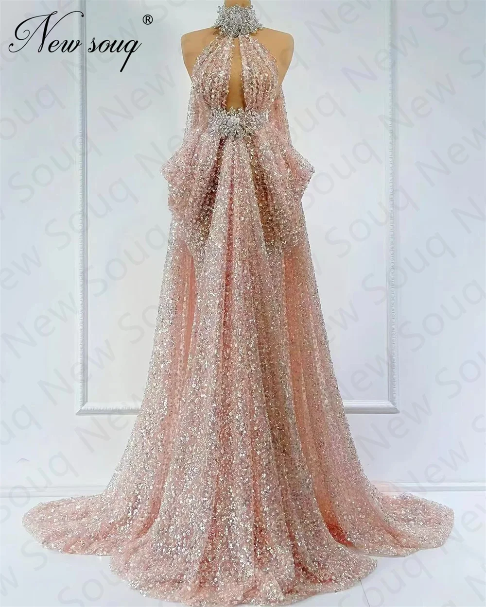 

Luxury Pink Sequins Long Evening Dresses Beading Ruffles Women Celebrity Prom Dress Arabic Dubai Wedding Party Dress Custom Made