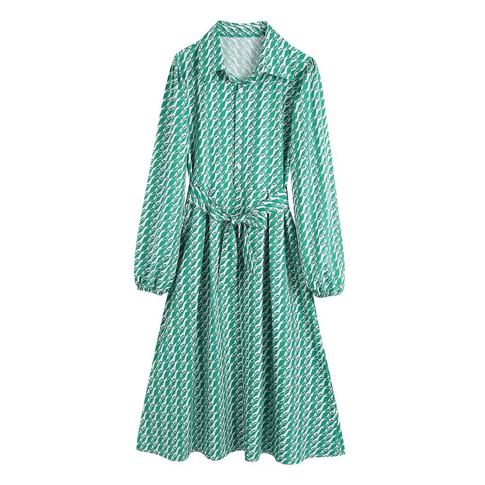 

Женская одежда, Новинка лета 2022, модное шикарное платье миди с принтом, повседневное однобортное женское платье с поясом, отложным воротник...