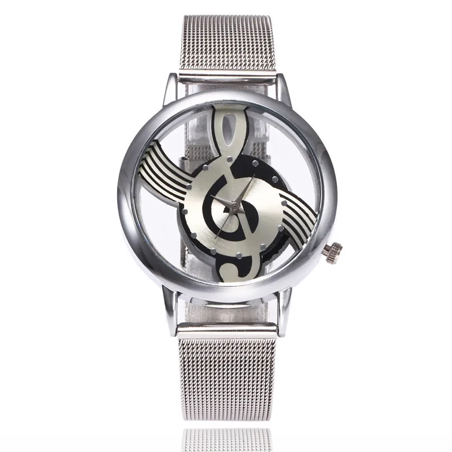 2022New Brand Fashion Hollow Music Note Notation Watch Stainless Steel Quartz Wrist Watch For Men Women Silver Mesh Watches