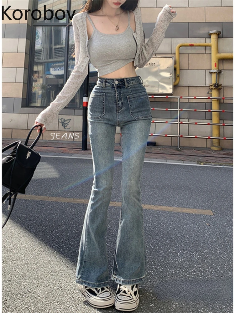 

Korobov Vintage Flared Pants Cowboy Streetwear High Waist Pocket Age Reduction Jeans Woman Women New Thin Sexy Roupas Femininas