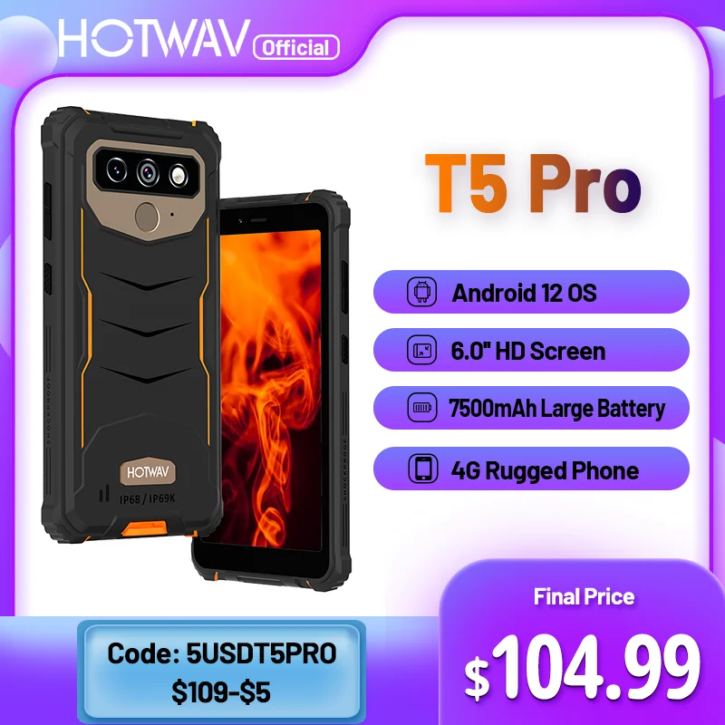 Hotwav T5 Pro 4G Rugged Cellphone 6.0 Inch Screen 4GB 32GB 7500mAh Battery Smartphone Android 12 MTK6761 13MP Main Camera 2022