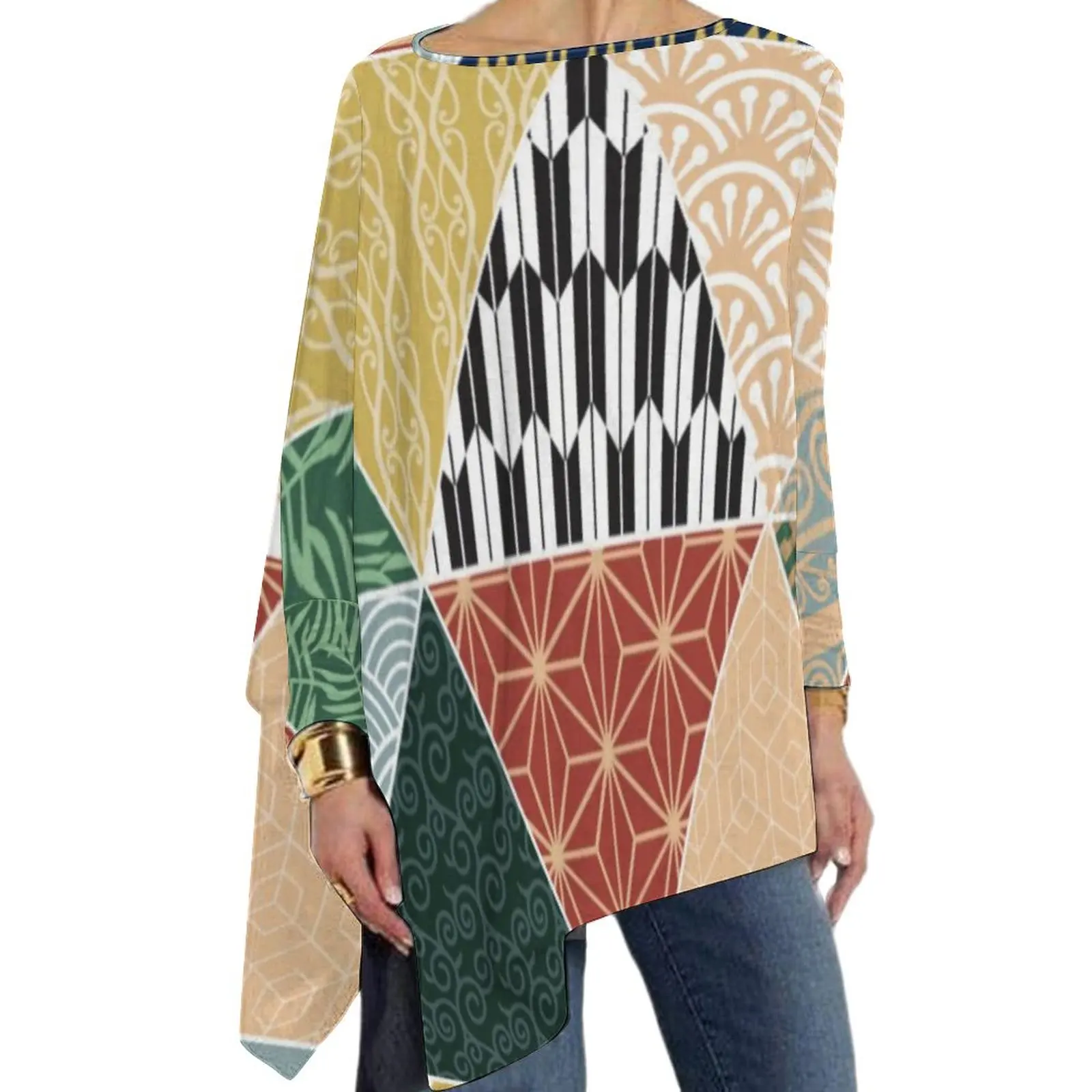 

Colorful Patchwork T Shirts Tribal Ethnic Print Aesthetic T-Shirt Women Long Sleeve Korean Fashion Tshirt Oversized Graphic Tops
